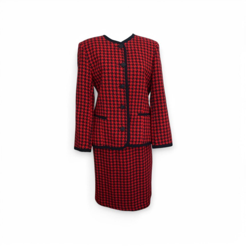 VTG Alfred Dunner 2PC Red & Navy Houndstooth Skirt Suit – Petite (10/6)